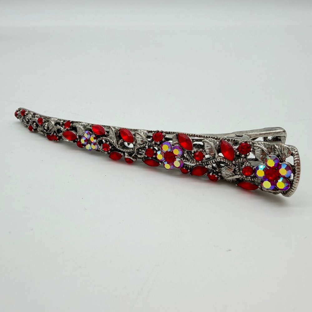 Vintage Red Crystal Rhinestone Hair Barrette Silver Floral AB‎ Glam Clip